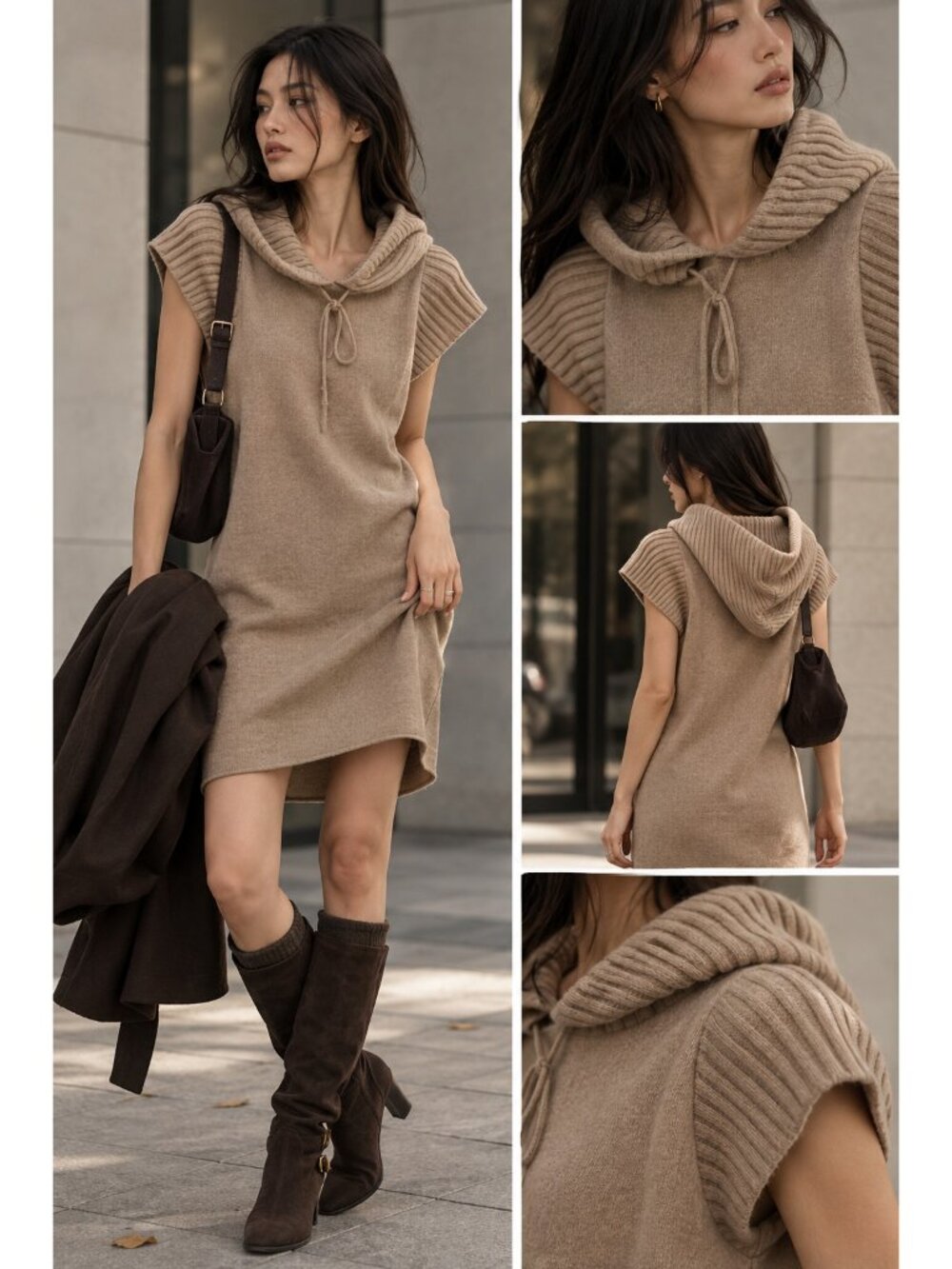Central Park West 100% Cashmere Hooded Sweater Dress Tunic Beige Size S